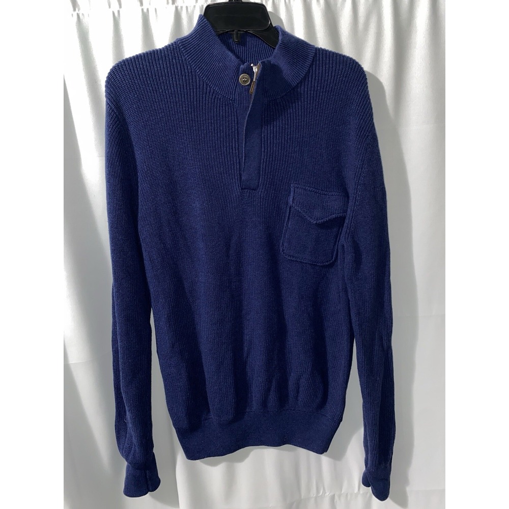 Peter Millar Cotton Wool Ribbed Quarter Zip Sweater Knit Pocket Blue Mens Medium